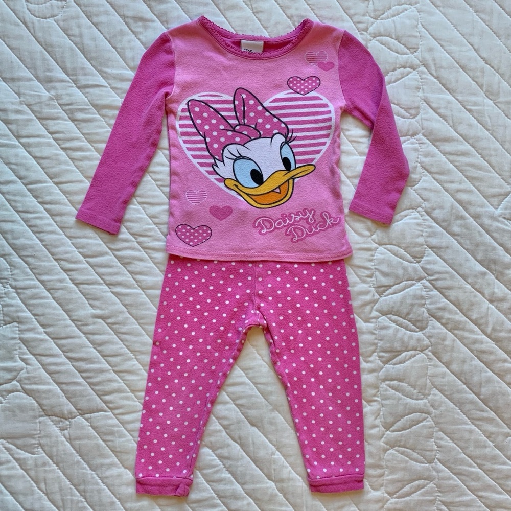 Disney Daisy Duck Pink White Polka Dot Hearts Snug Fitting 2 Piece Pajamas 3T